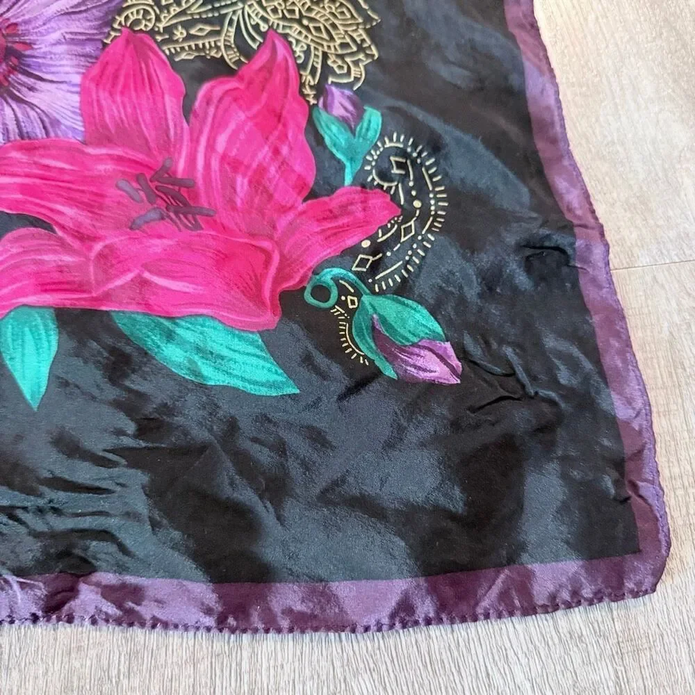 Vintage VTG The Specialty House Black Floral  Square Scarf Silk Mandala